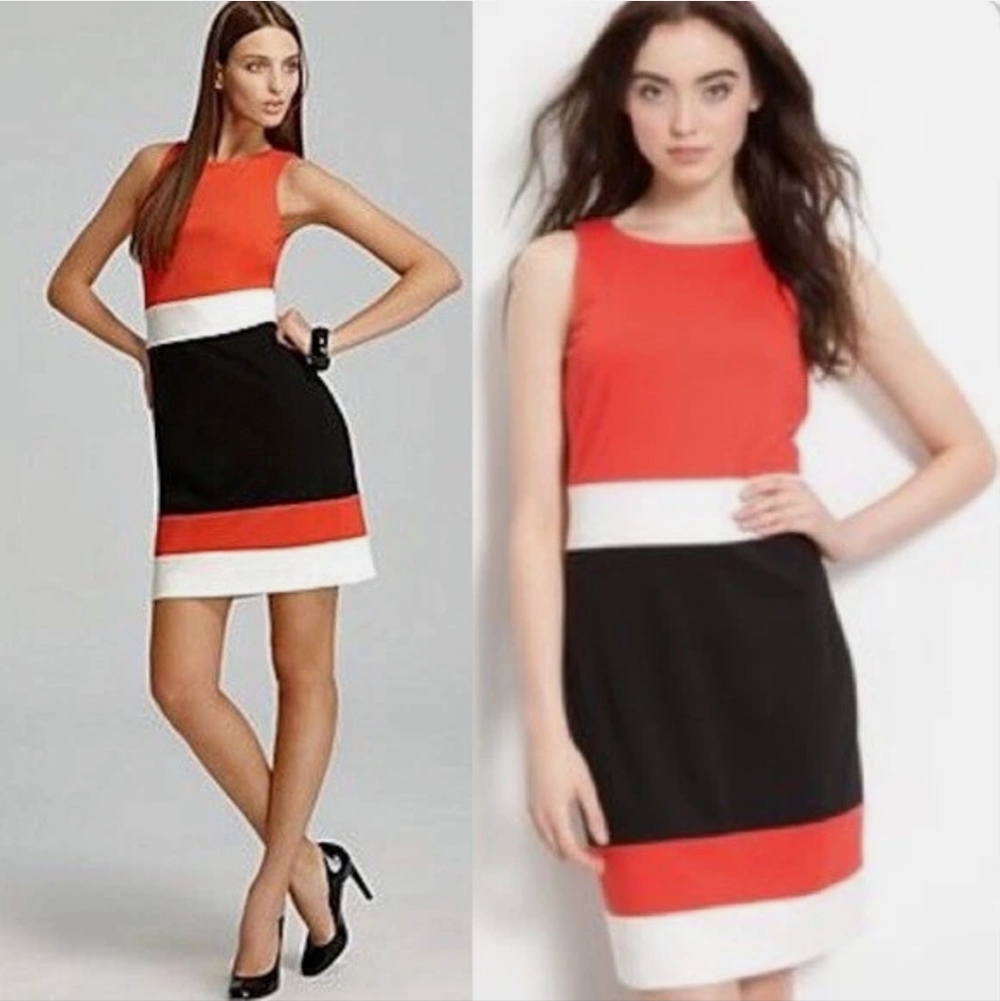 Vince Camuto Orange White Black Colorblock Sleeveless Crewneck Midi Dress Size 0